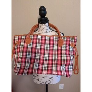 Threaded Pear Bag Red Plaid Gold Accents Brown Trim